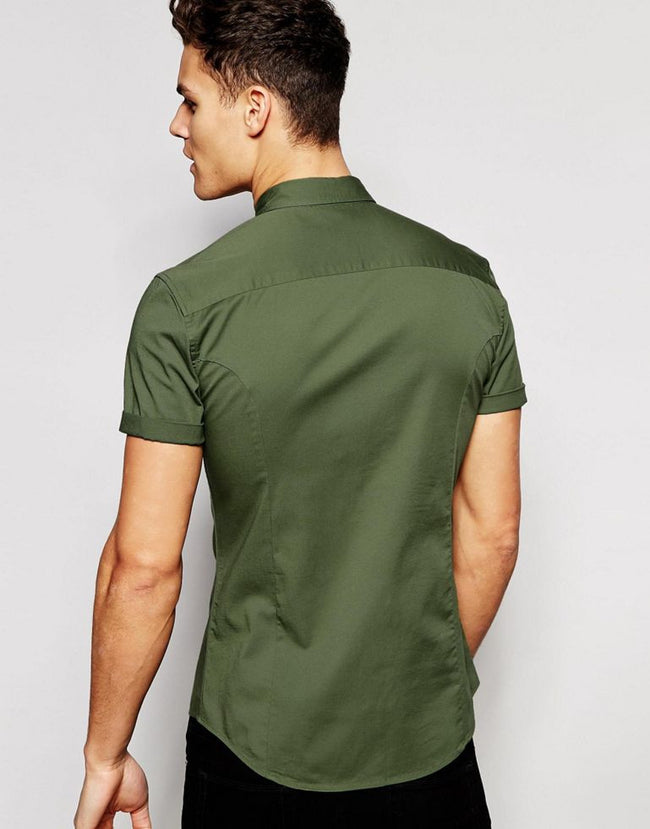Skinny Shirt In Khaki Twill With Short Sleeves