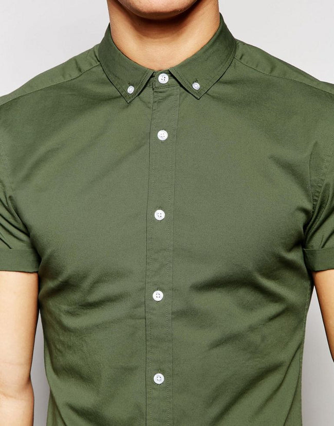 Skinny Shirt In Khaki Twill With Short Sleeves